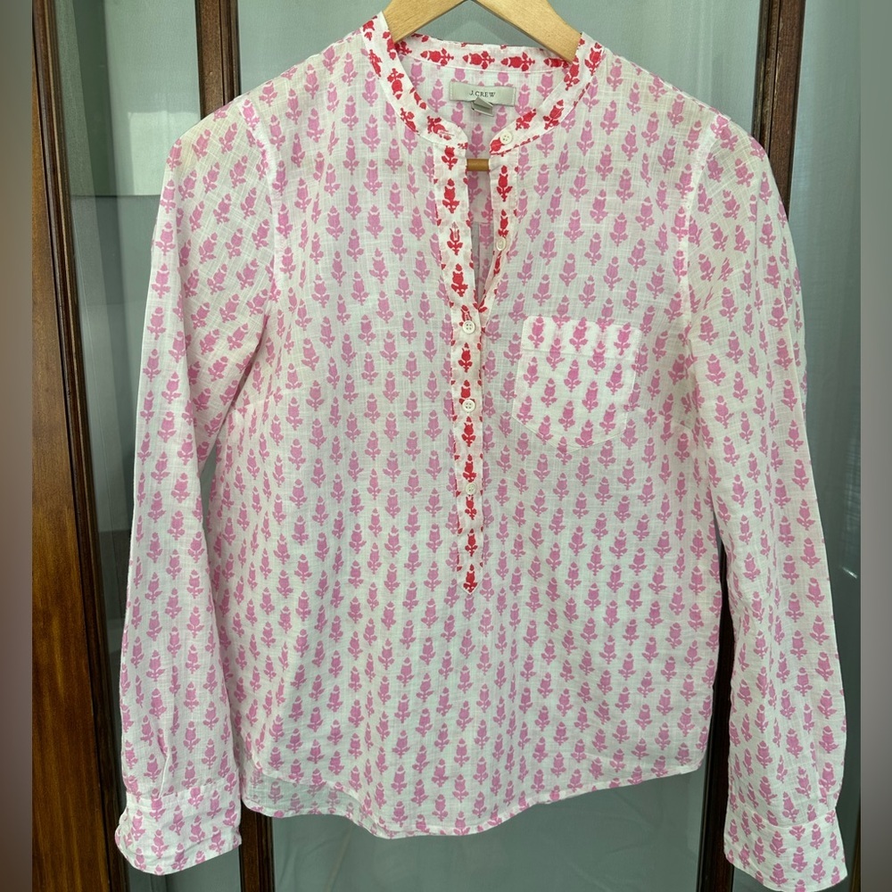 J Crew Long Sleeve Half Button Down Blouse Size 0 White Pink 100% Cotton Boho